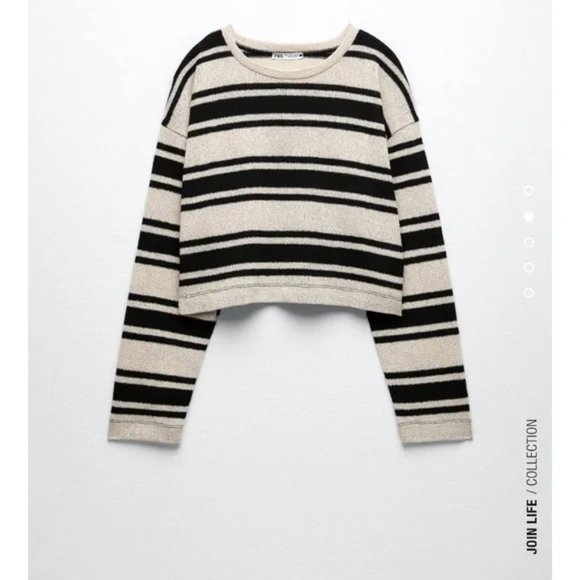 Zara Black Ivory Striped Cropped Rustic Sweater - Picture 2 of 10